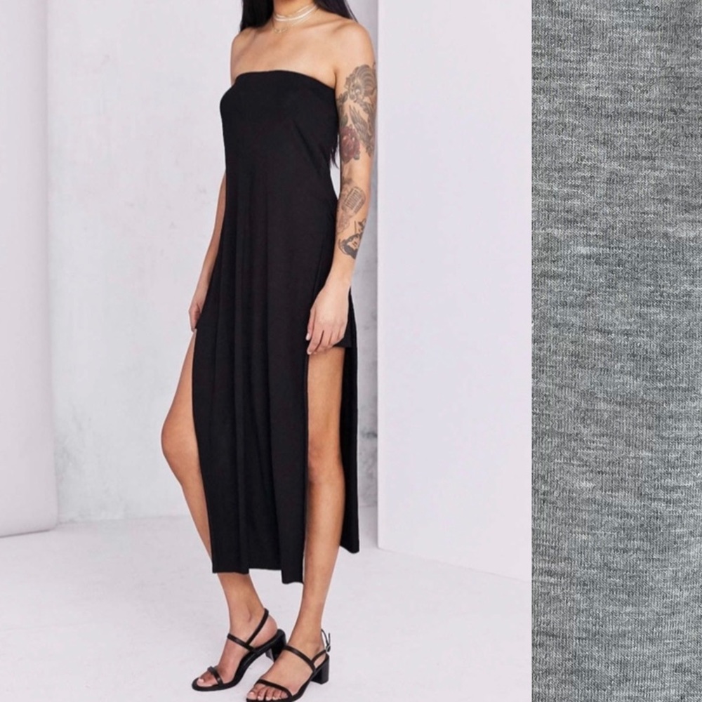 BLQ BASIQ SHE Gray Strapless Side-Slit Maxi Dress Size 1 NWT Stretch Minimalist